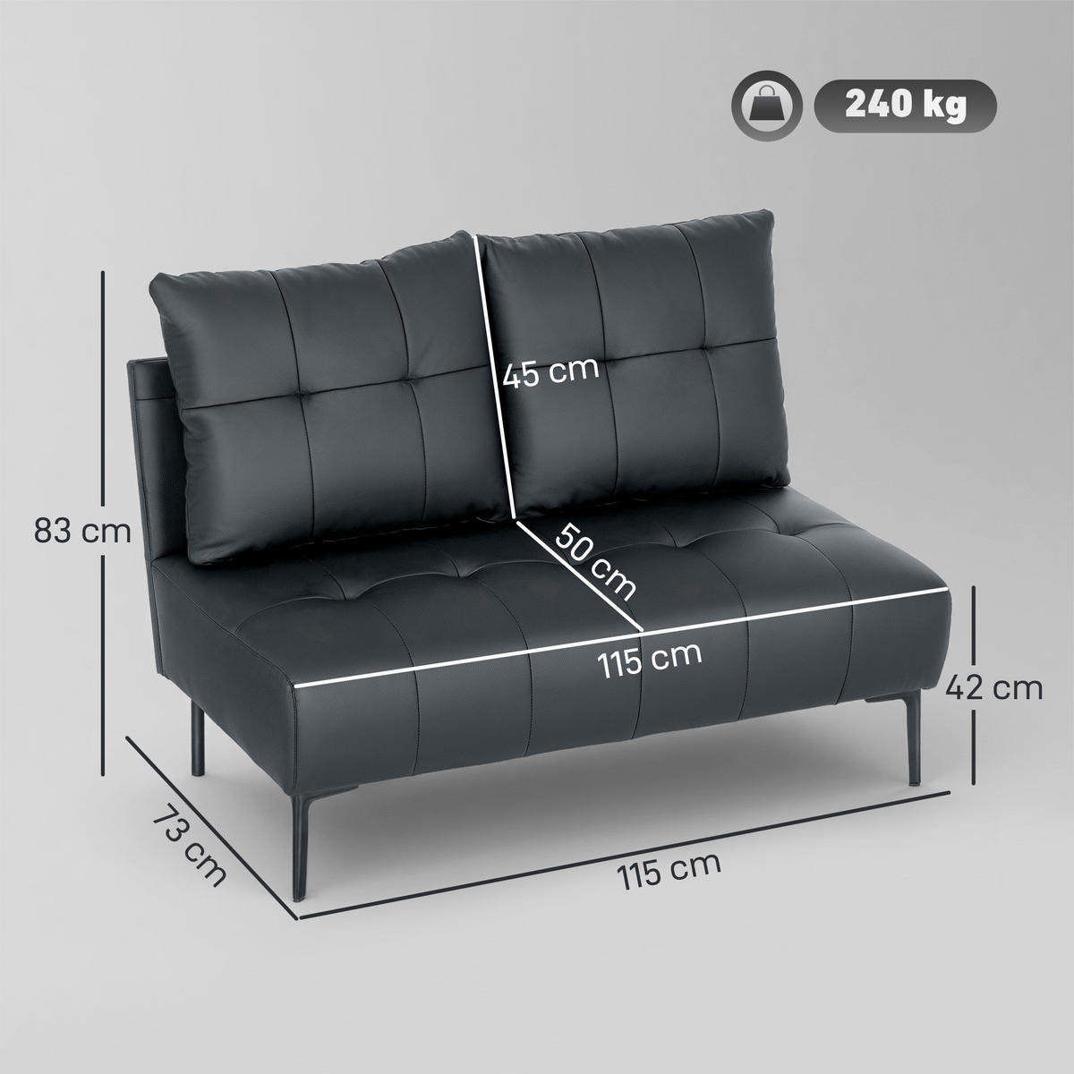 SOFA, 2-Sitzer, Kunstleder, knopfgesteppt, schwarz, 115x73x83cm - Multicolor, Holzwerkstoff (115/83/73cm) - FORIOUS