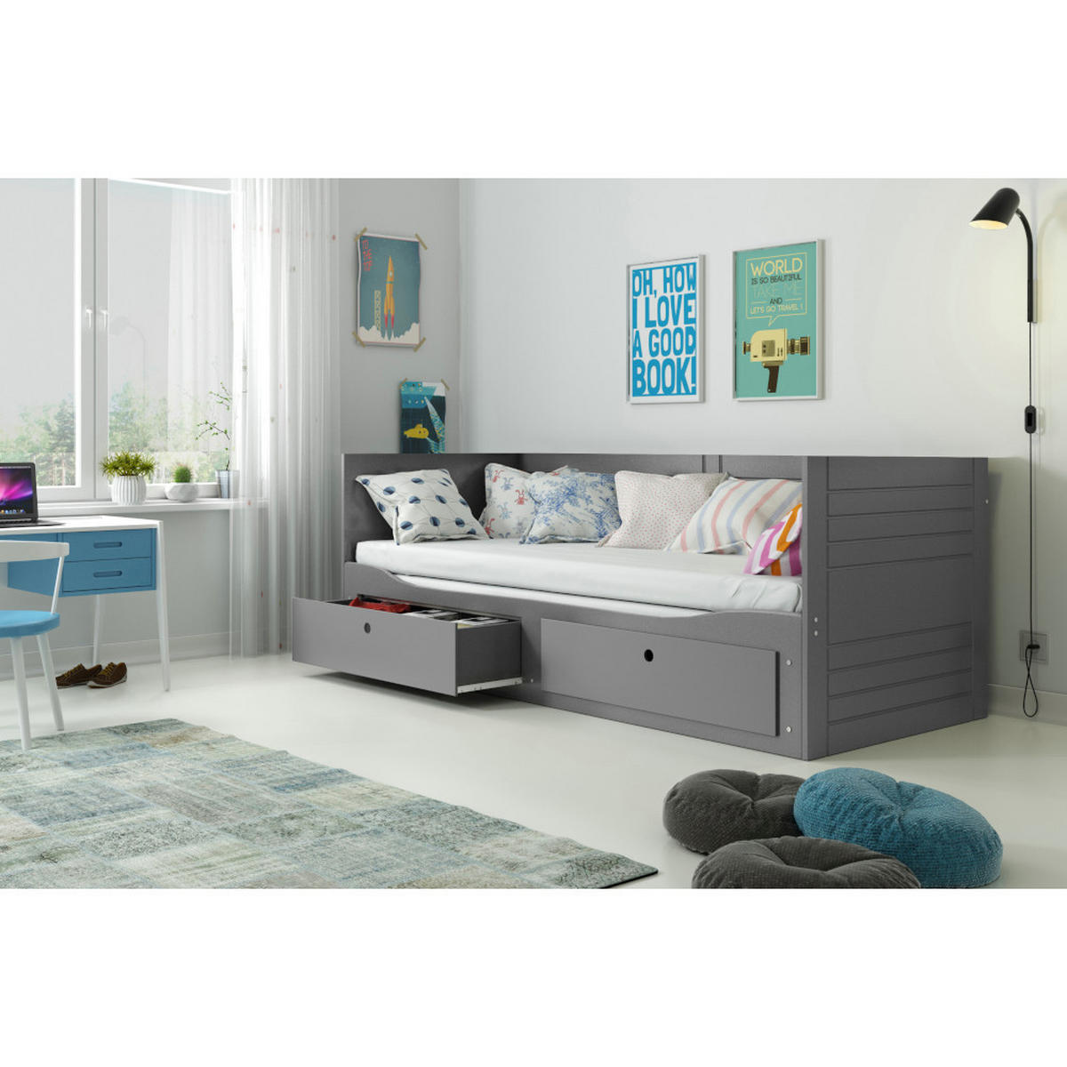 TAGESBETT Hermes 200x80/160cm Grau mit Lattenrost und Schubladen - Grau, Holzwerkstoff (160/200cm) - Interbeds