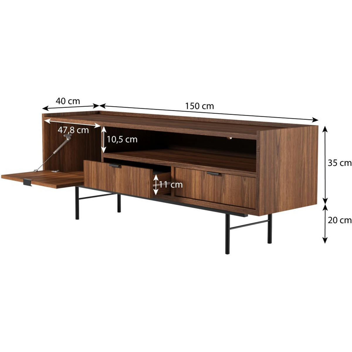LOWBOARD Evron mit 2 Schubalden und 1 Tür, Walnuss - Walnussfarben/Schwarz, Holzwerkstoff/Metall (150/55/40cm) - Beautysofa