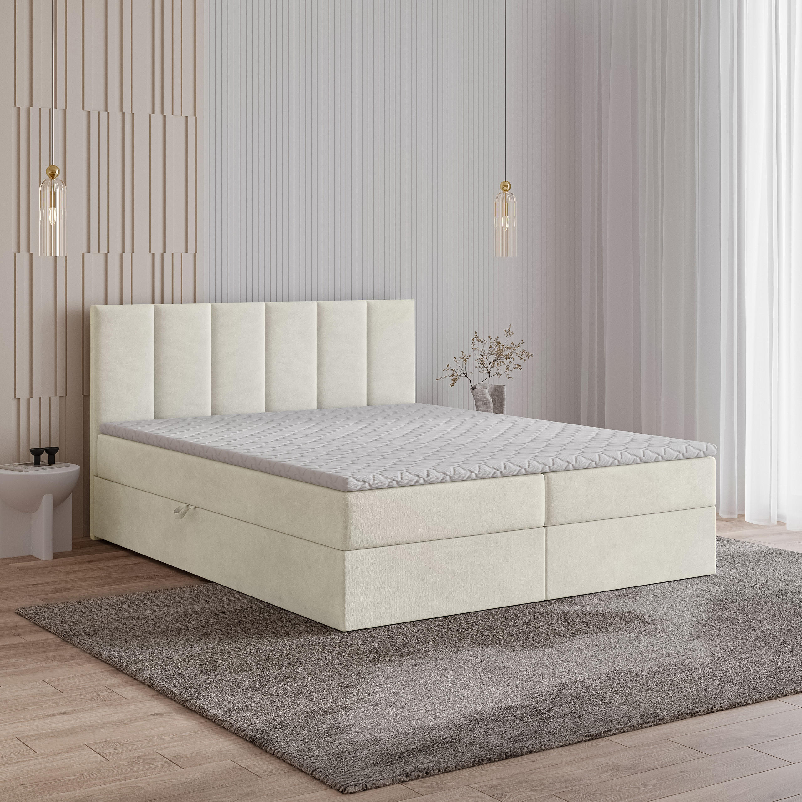 BOXBETT MERIL 140x200 cm mit Matratze und Topper - Creme - Creme, Holz (140/200cm) - MASSENO