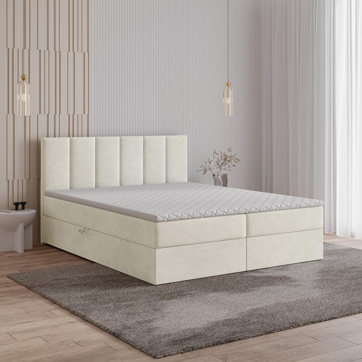 BOXBETT MERIL 160x200 cm mit Matratze und Topper - Creme - Creme, Holz (160/200cm) - MASSENO