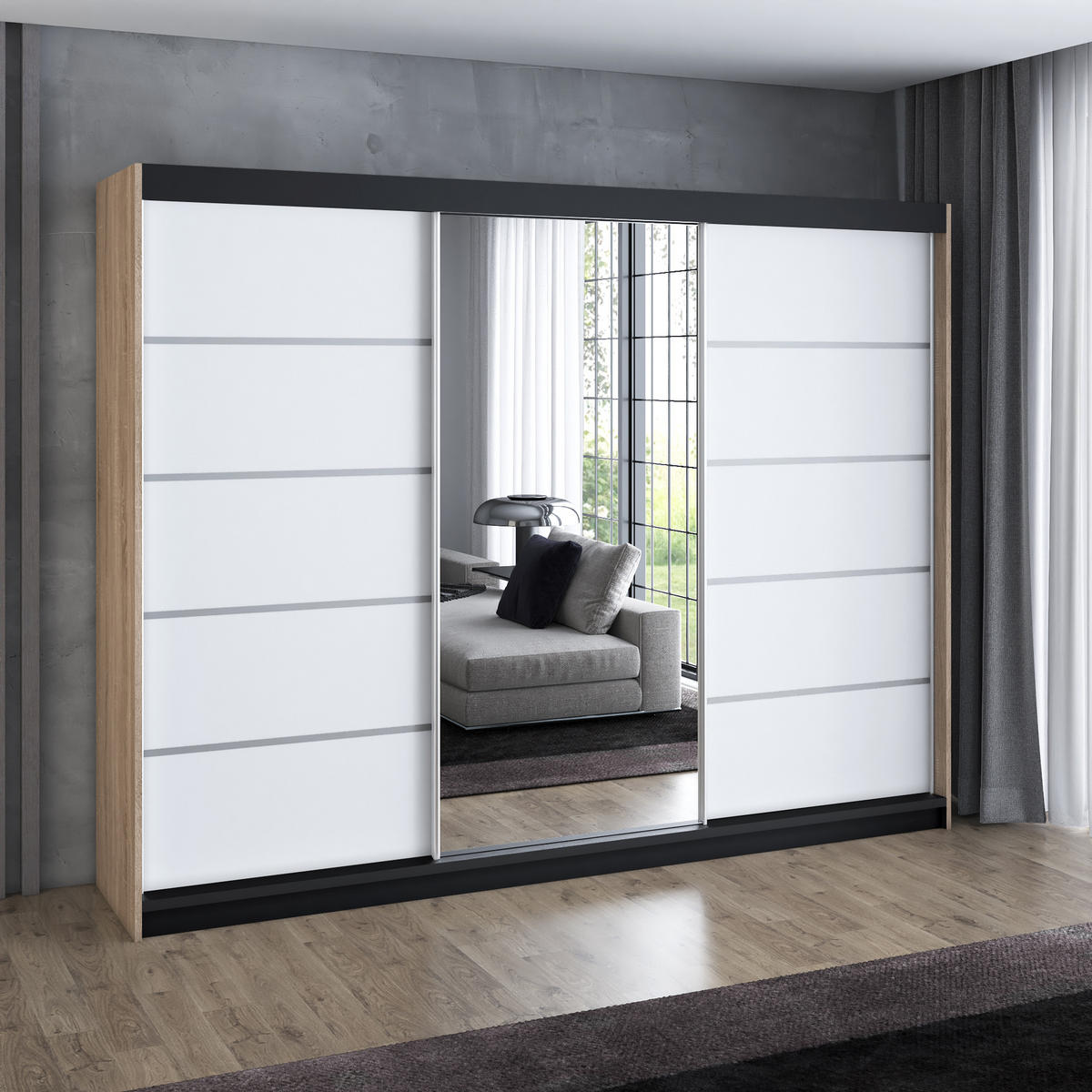 SCHWEBETÜRENSCHRANK 200 cm VILANO 3 Farbe: Sonoma|weiß|weiß - Braun/Weiß, Holzwerkstoff (200/215/59.5cm) - A&J MöbelLand