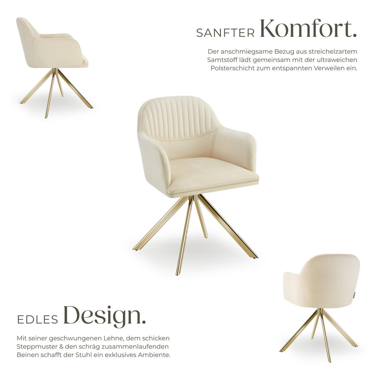 DREHSTUHL 2er Set Lona 56 x 59 x 81 cm créme/gold - Goldfarben/Creme, Textil (56/81/59cm) - tectake