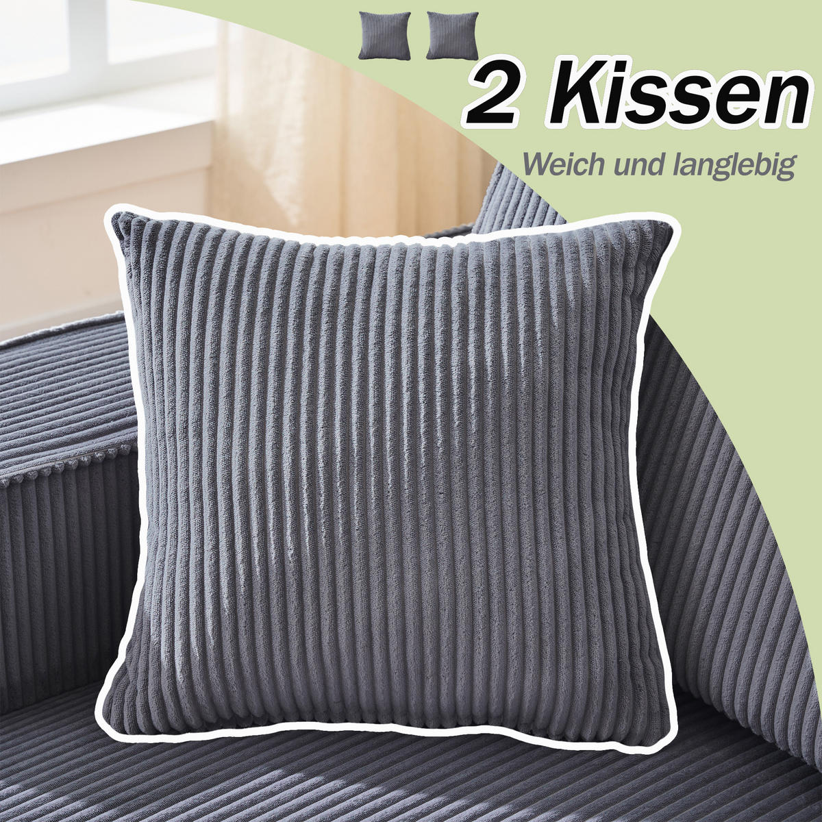 3-SITZER ECKSOFA Cord Grau mit Kissen - Grau, Textil (235/128cm) - WISHDOR