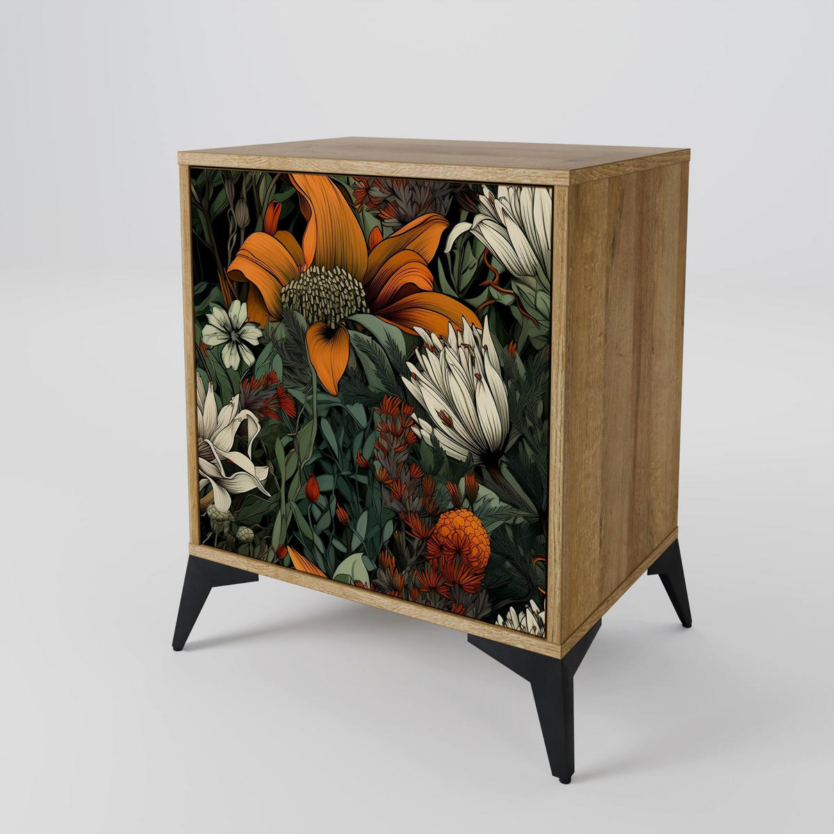 SIDEBOARD MIDNIGHT SPROUT, Eichefarben, 57,5x42x67,5 cm, Schwarze Metall-Rahmenfüße - Eichefarben/Multicolor, Holzwerkstoff/Metall (57.5/67.5/42cm) - SpaceRebels