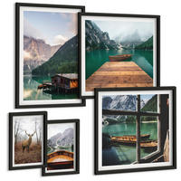 BILDER SET 5er Set - 50x50 cm & 20x30 cm & 40x60 cm Schwarzer Rahmen - Berglandschaften, Ferienhäuser, Boote - Schwarz, Kunststoff (40/60cm) - TULUP