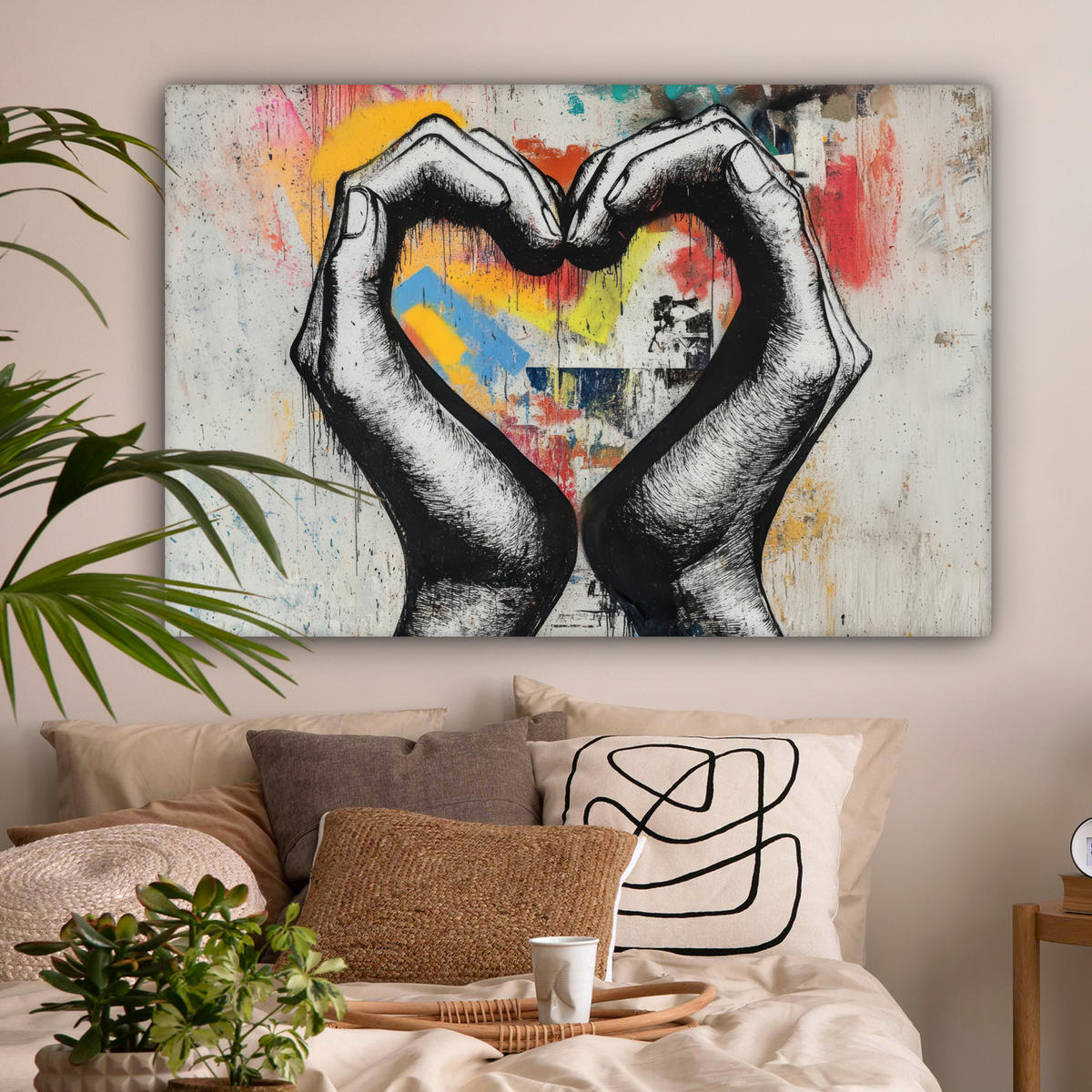 OBRAZ NA PLÁTNE Ruky - Srdce - Street art - Graffiti 150x100 cm - viacfarebná, textil (150/100cm) - MuchoWow