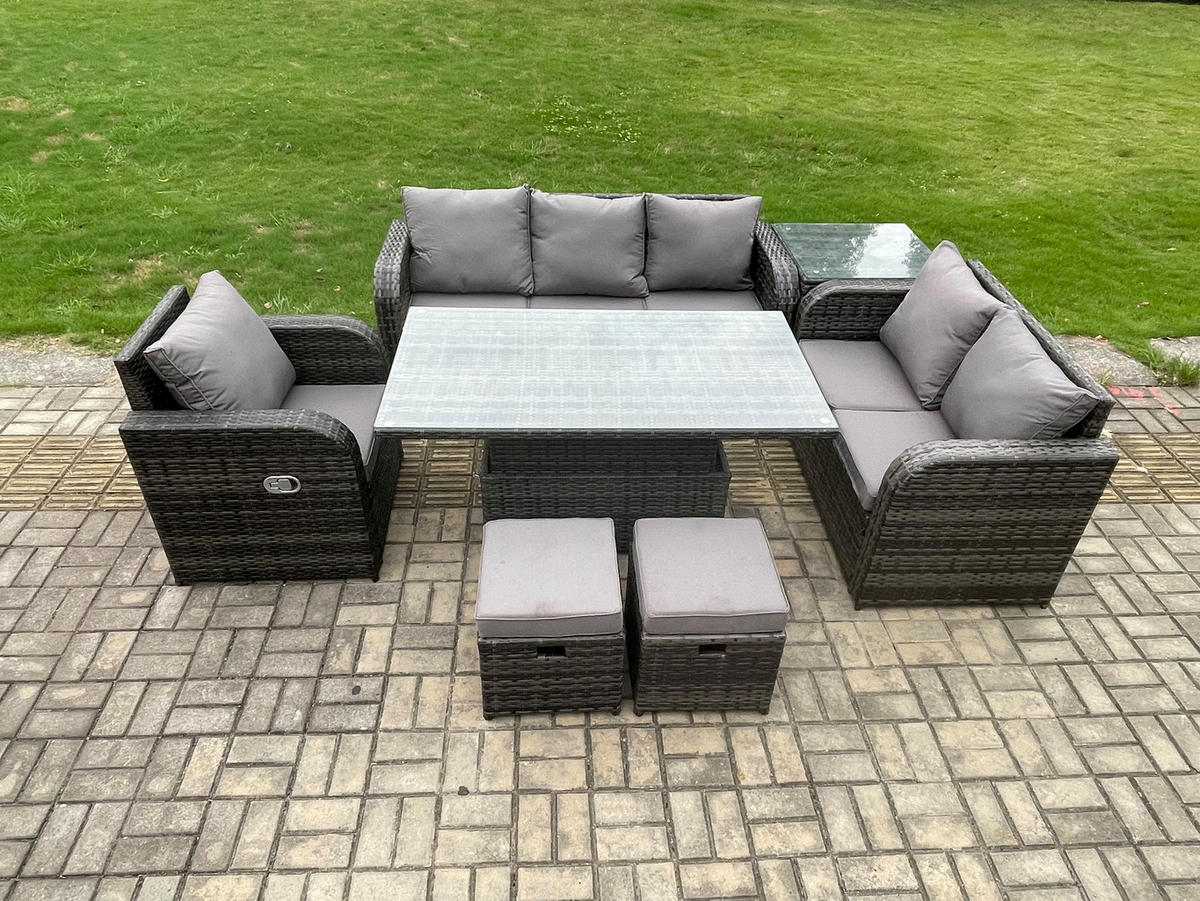 GARTENMÖBEL SET mit Höhenverstellbarer Esstisch 3-Sitzer Sofa, Stuhl 8-Sitzer Grau - Dunkelgrau/Grau, Glas/Kunststoff - Fimous