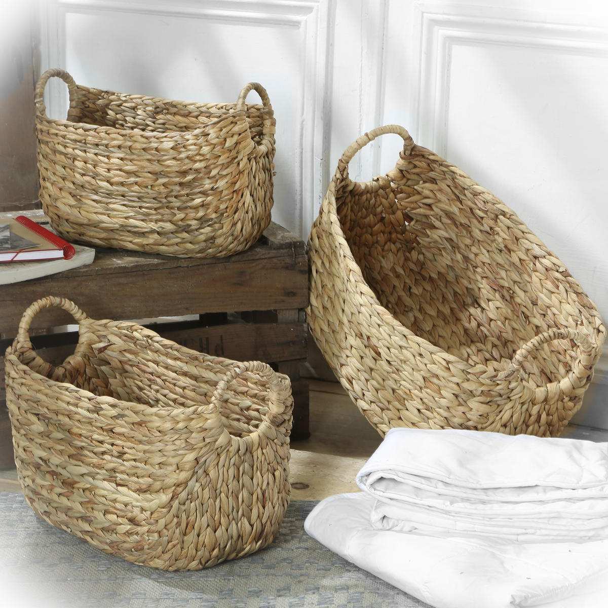 KÖRBE aus Wasserhyazinthe mit Griffen im 3er Set - Apfelbaumfarben, Holz (46/27/27cm) - Calicosy