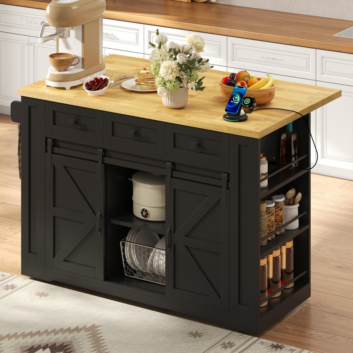 KÜCHENINSEL DE-41405 130/50-80/87 cm, ausklappbare Arbeitsplatte, Steckdosen Schwarz - Schwarz, Holzwerkstoff (130/87/80cm) - ComfortXL
