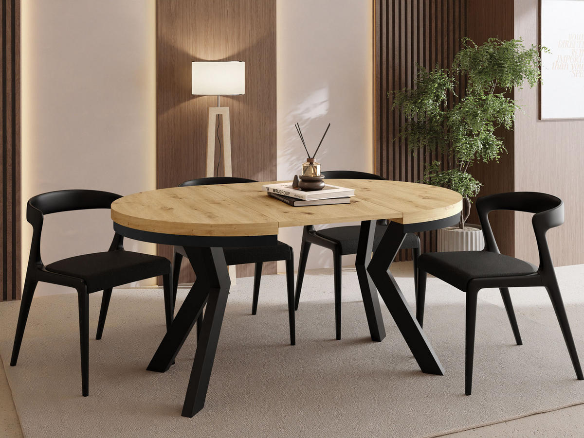 ESSTISCH Savio Neo rund ausziehbar verlängerbar, Eiche Artisan Hellbraun 80-130/80/77 cm - Schwarz/Eiche Artisan, Holz/Holzwerkstoff (80/80/77cm) - WFL GROUP