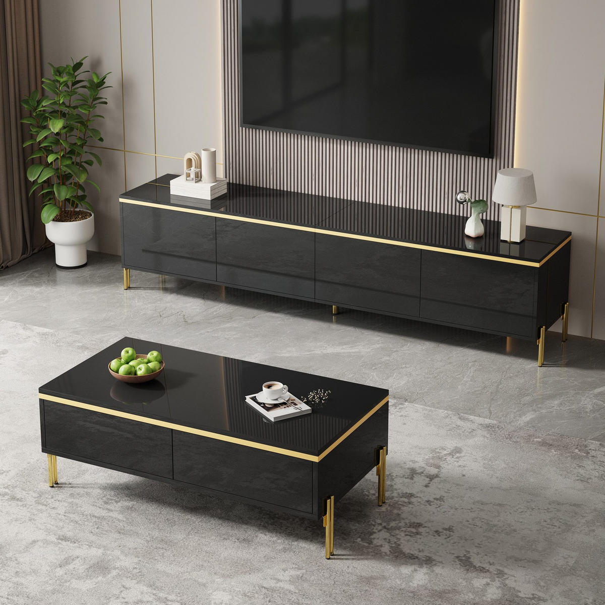TV-MÖBEL- und Couchtisch-Set 170/38/50 + 100/50/36 cm aus Holzwerkstoff mit Stauraum und Schubladen, hochglänzend, Schwarz - Schwarz, Holzwerkstoff (170/50/38cm) - Redom