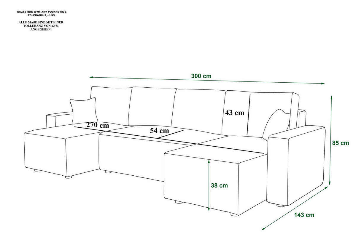 WOHNLANDSCHAFT U AMBRO Poso 135 mit Schlaffunktion U-Form, Sofa mit Stauraum - Schwarz, Textil (300/85/143cm) - Bedante