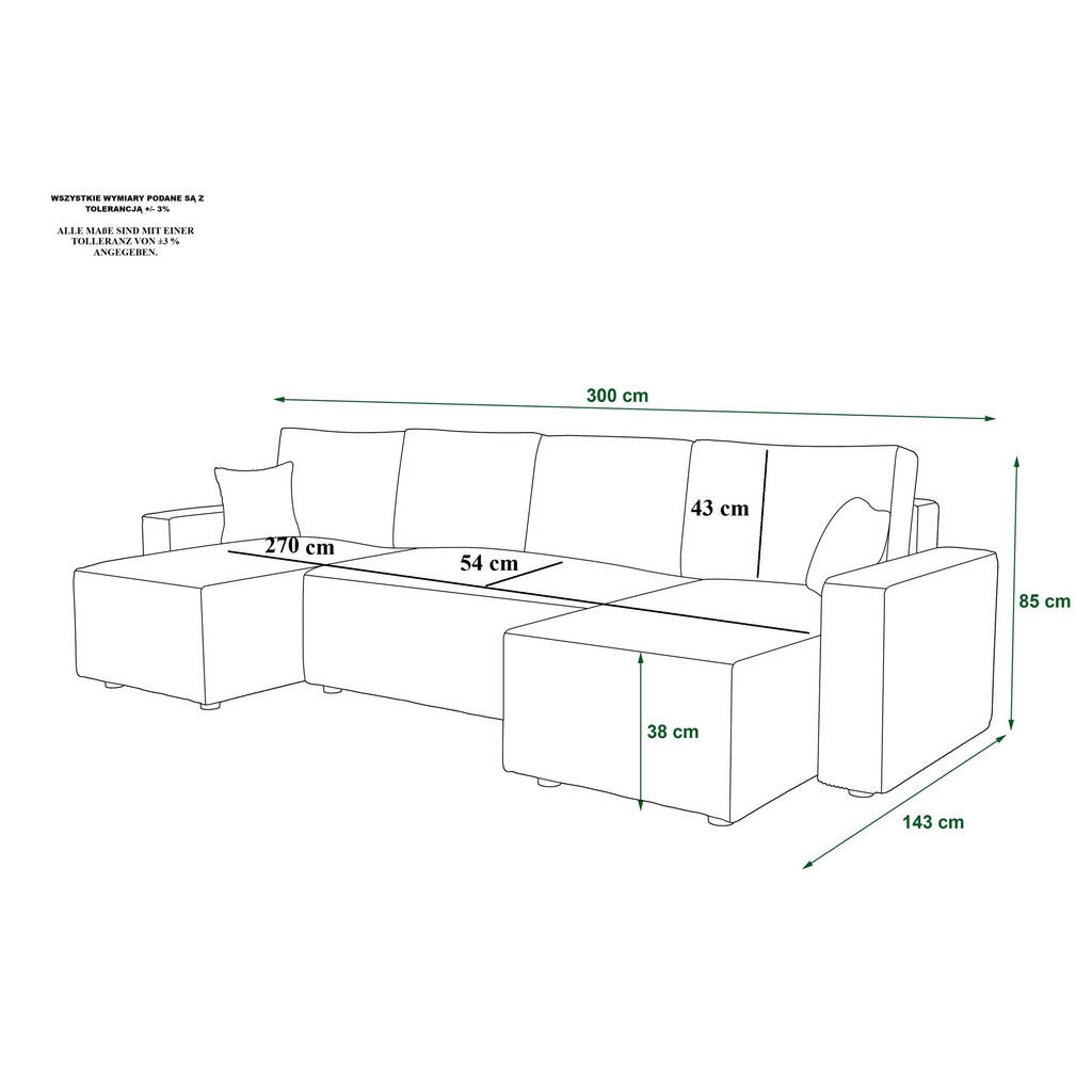 Thumbnail - Bedante Wohnlandschaft, Grün, Textil, 3-Sitzer, U-Form, 300x85x143 cm, Wohnzimmer, Sofas & Couches, Wohnlandschaften, Wo...