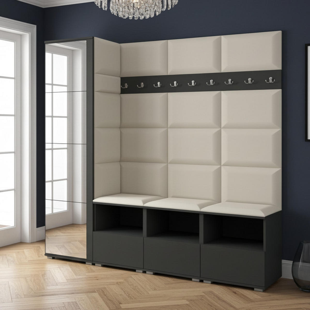 GARDEROBE NELA IX 200 cm (Modulare Flurmöbel Graphit mit Spiegel & Sitzpolster Creme 01 Breite Sitzbank) - Silberfarben/Creme, Holz/Holzwerkstoff (200/187/40cm) - Ravio