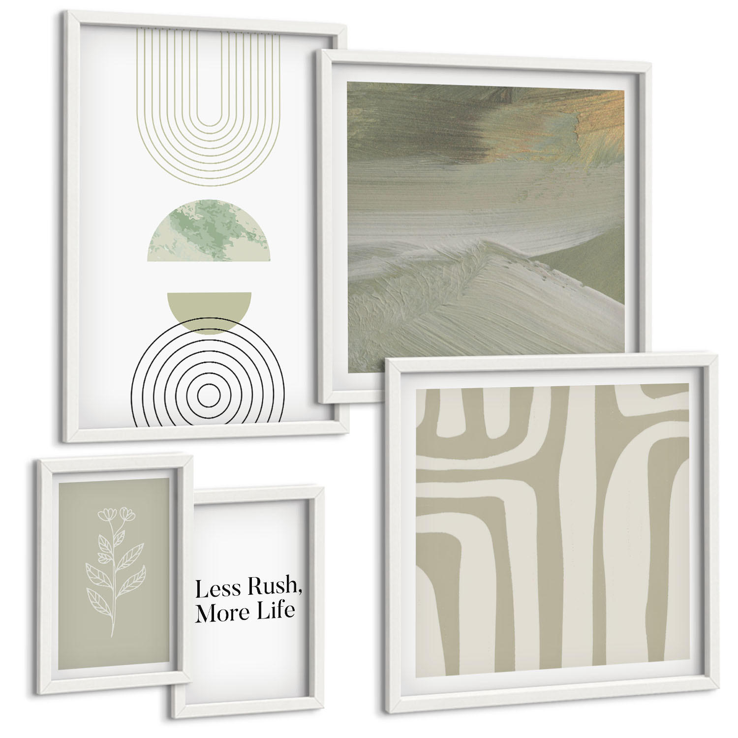 BILDER SET 5er Set - 50x50 cm & 20x30 cm & 40x60 cm Weißer Rahmen - Geometrische Pflanzenmuster - Weiß, Kunststoff (40/60cm) - TULUP