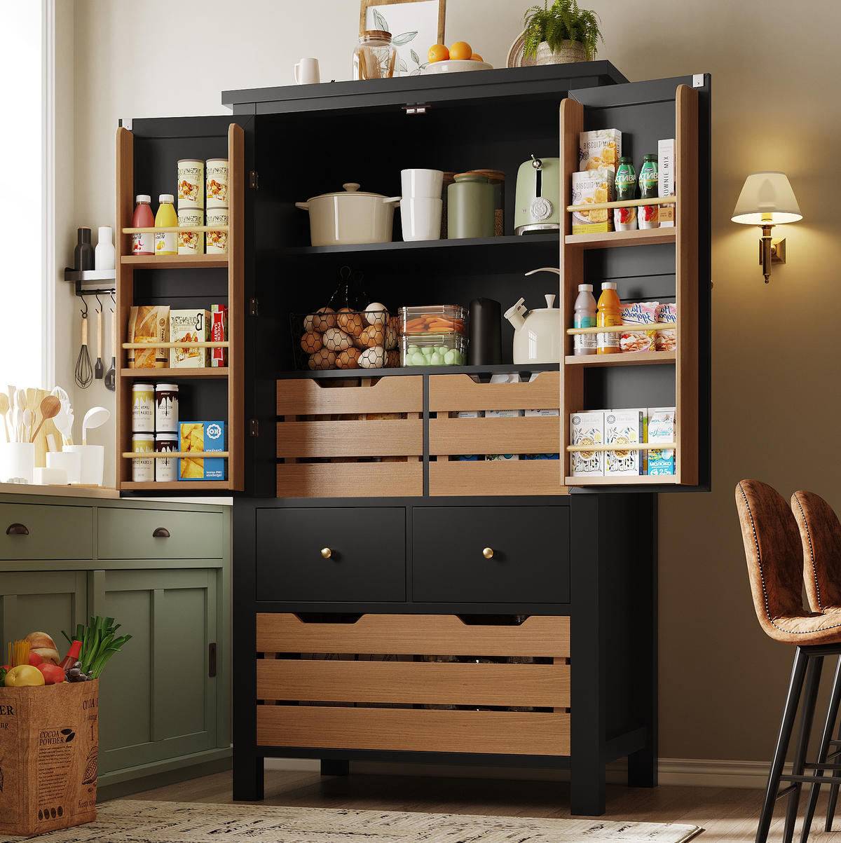 HIGHBOARD 80/40/140 cm in Schwarz mit 5 Schubladen und 2 Türen - Schwarz, Holzwerkstoff (80/140/40cm) - Flora Grace