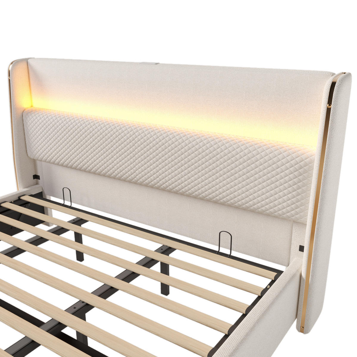 ČALOUNĚNÁ POSTEL 180/200 cm v béžové lněné látce s úložným prostorem, LED osvětlením a USB/Type-C - béžová, kov/kompozitní dřevo (180/200cm) - WISHDOR