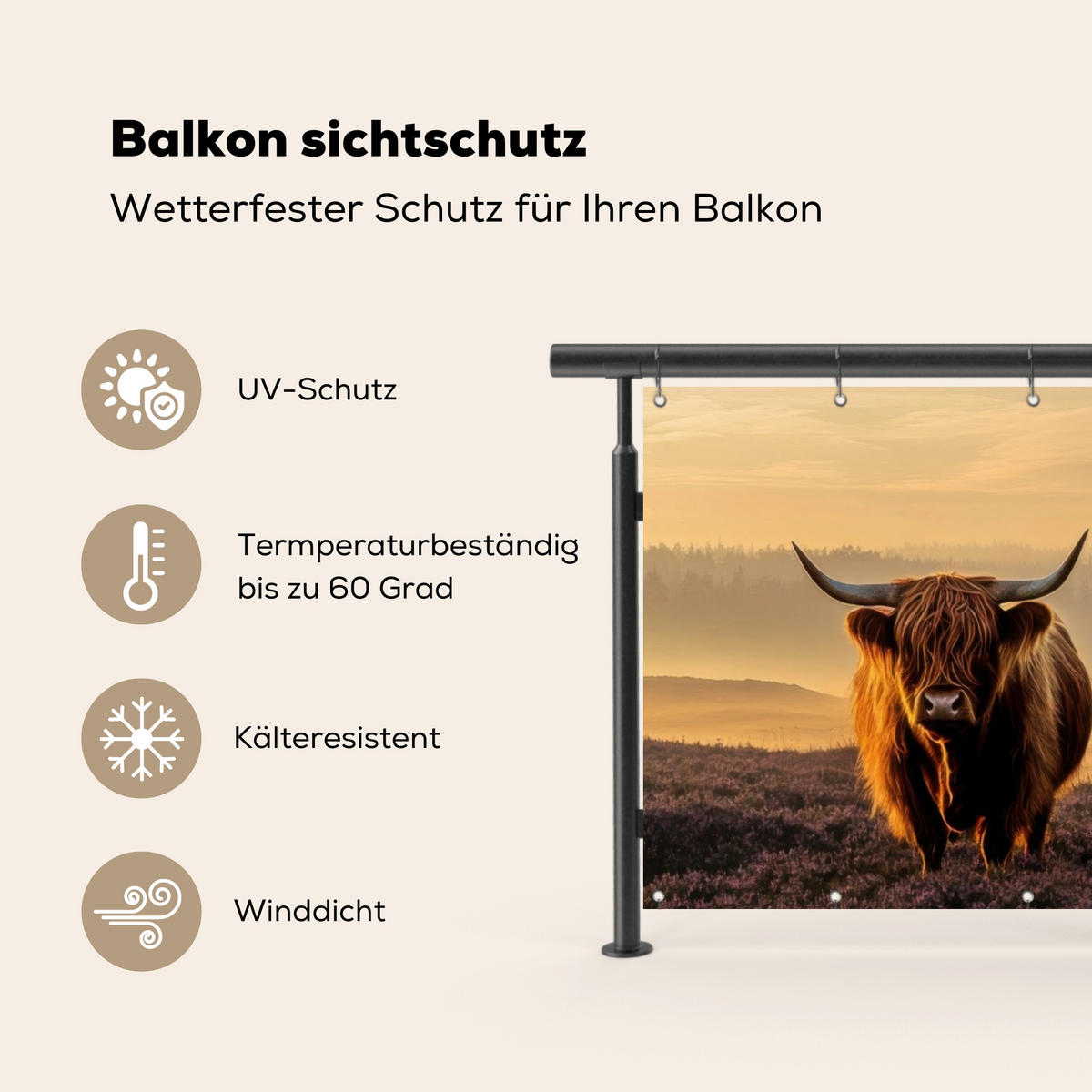 BALKON-SICHTSCHUTZ Schottische Hochlandbewohner - Heide - Landschaft - Tiere - Cognac, Kunststoff (300/110cm) - MuchoWow
