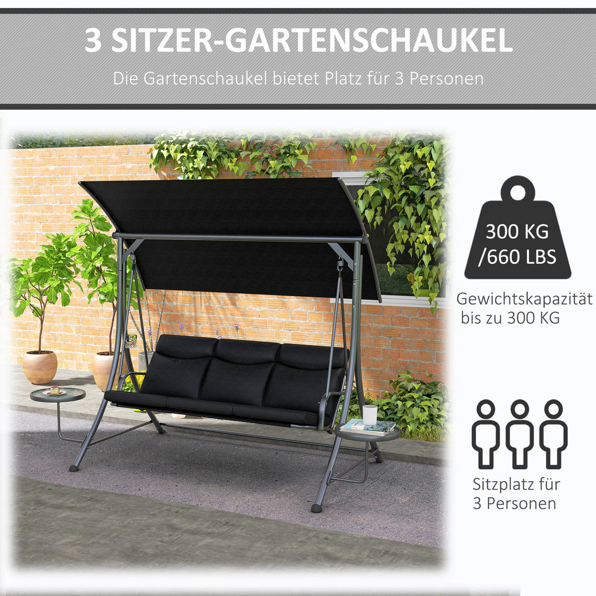 HOLLYWOODSCHAUKEL mit Couchtische 3-Sitzer Gartenschaukel mit Sonnendach Schwarz - Schwarz, Metall (135/177/278cm) - Outsunny