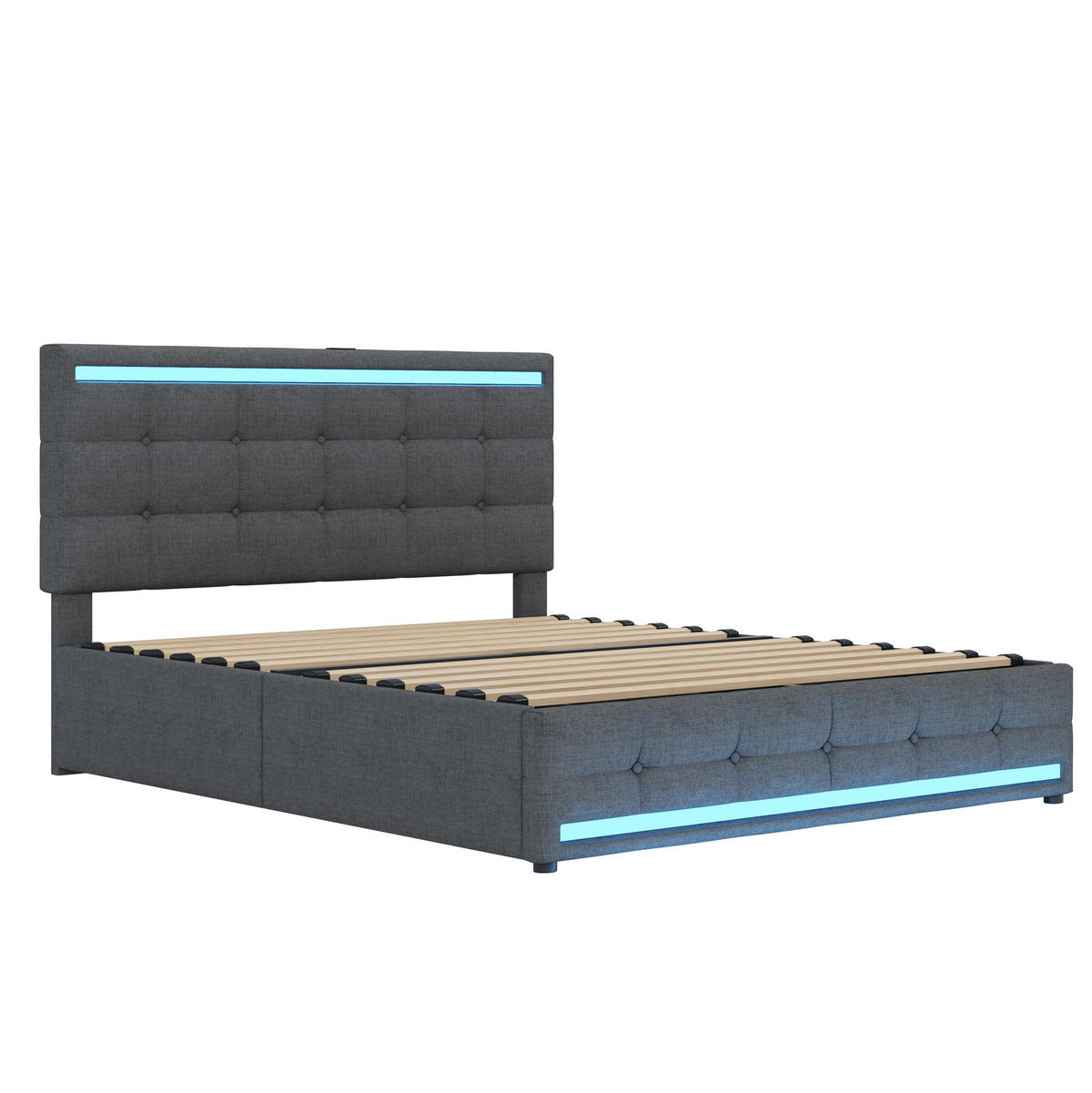 ČALÚNENÁ posteľ 140/200 cm s LED osvetlením, 2 USB portami a 4 zásuvkami, úložná, Sivá - sivá, textil (140/200cm) - Redom