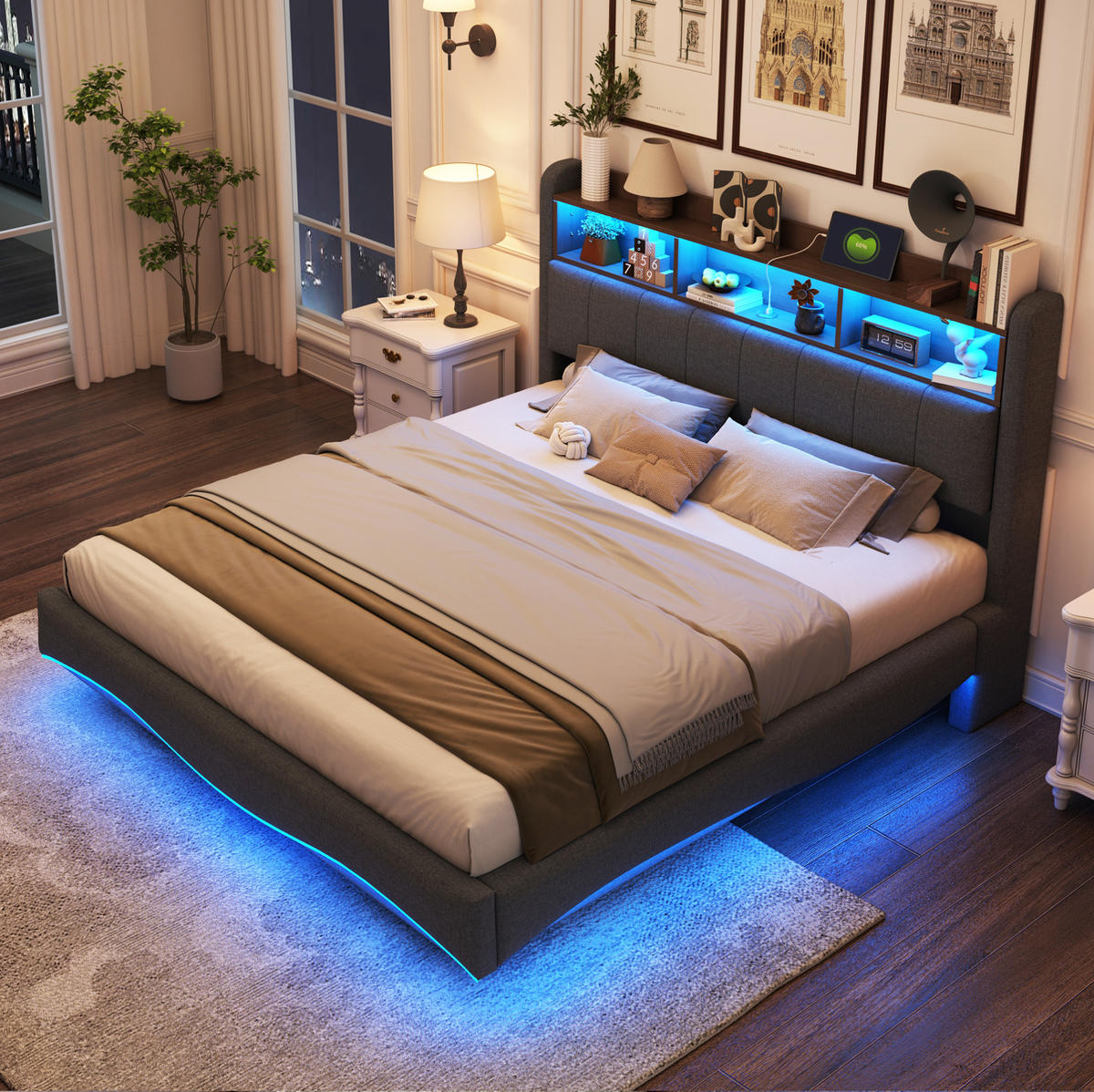 POLSTERBETT 160/200 cm grau aus Stoff mit LED-Beleuchtung - Grau, Textil (160/200cm) - OKMYHOME
