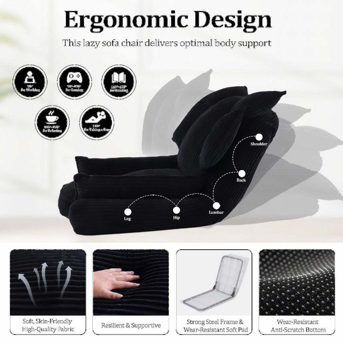 BODENSESSEL mit Rückenlehne, Schwarz - Schwarz, Textil (77/82/68cm) - Vercart