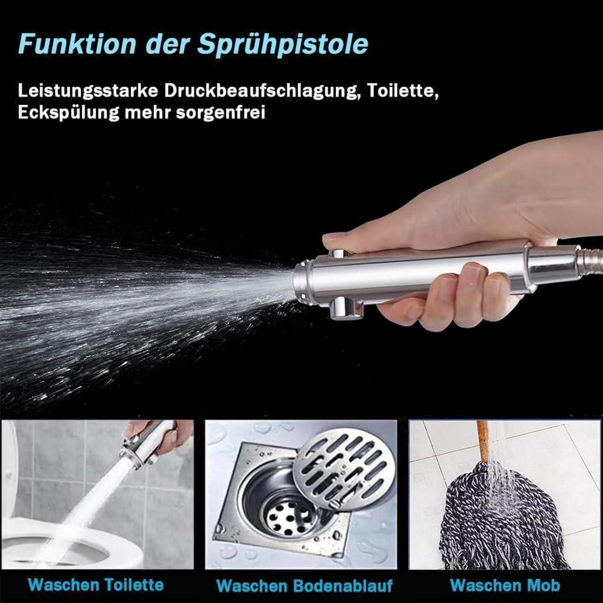 HANDBRAUSE mit Schlauch 1.5m 5 Strahlarten Wassersparend mit Stoppfunktion Chrom - Silberfarben, Kunststoff (9.5/12.7/24cm)