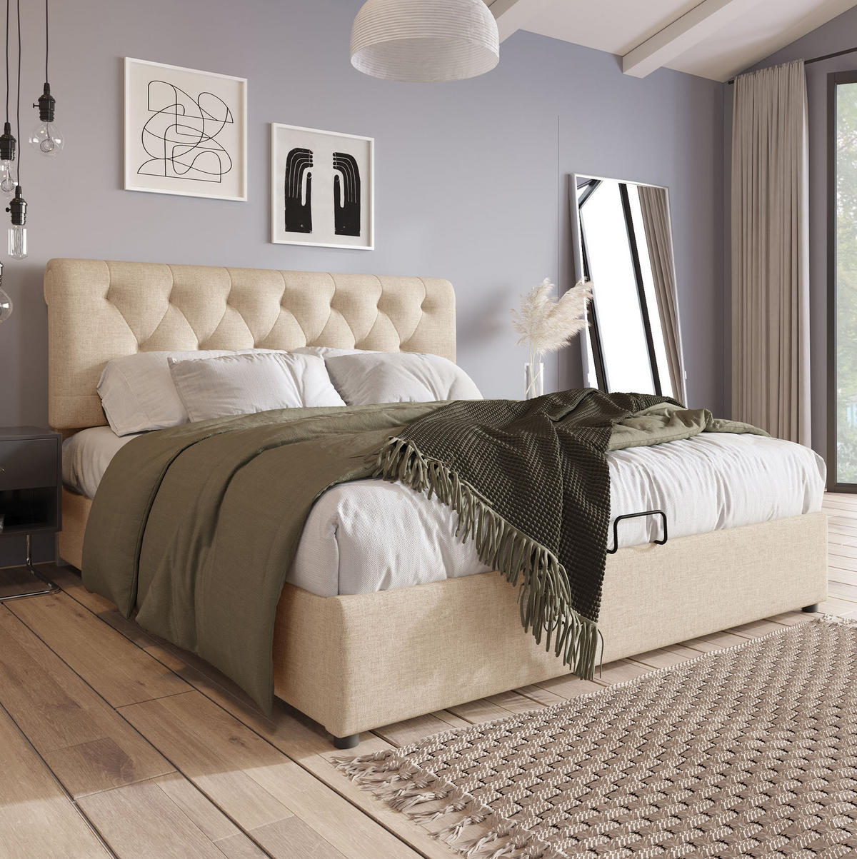 BETT mit Bettkasten und verstellbarem Kopfteil 140x200 cm Leinen Natur - Beige, Metall (140/200cm) - Meubliv