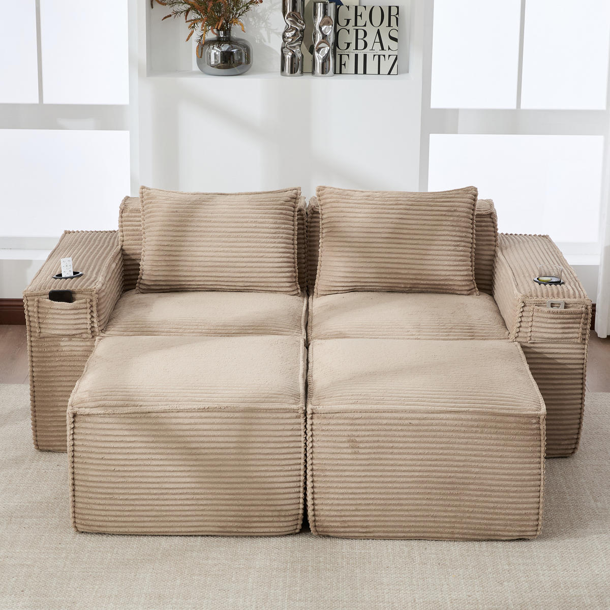 2-SITZER-SOFA DE-33836 mit 2 Hockern Khaki - Sandfarben, Textil (188/75/162cm) - ComfortXL