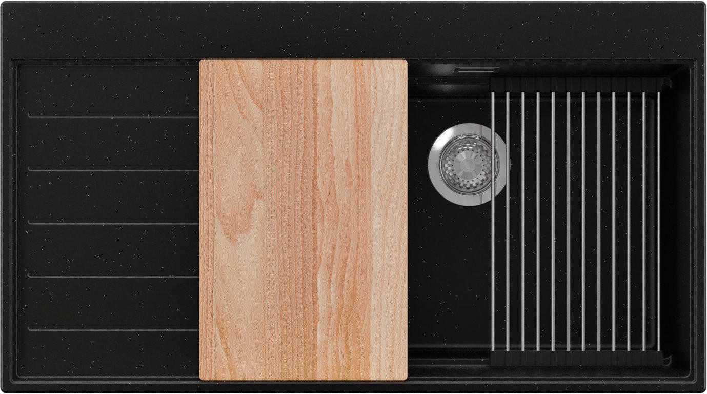 SPÜLBECKEN Sydney, 2-er set Schwarz Metallic 90/50 cm 1 Becken + Ablauf-Set + Küchenzubehörset ab 60er Unterschrank - Chromfarben/Schwarz Hochglanz, Kunststoff (90/20/50cm) - Primagran