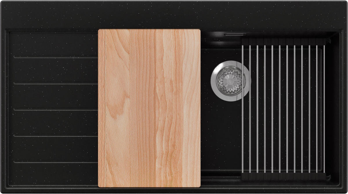 SPÜLBECKEN Sydney, 2-er set Schwarz Metallic 90/50 cm 1 Becken + Ablauf-Set + Küchenzubehörset ab 60er Unterschrank - Chromfarben/Schwarz Hochglanz, Kunststoff (90/20/50cm) - Primagran