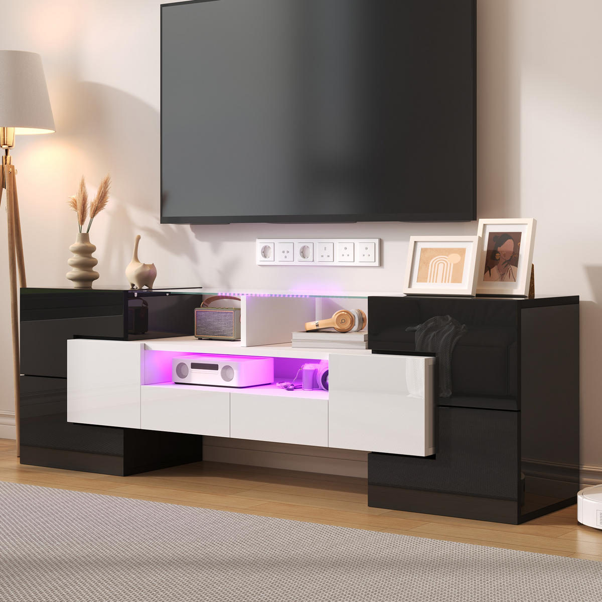 TV-SCHRANK mit LED-Beleuchtung 145 cm Hochglanz Weiß-Beton - Schwarz, Holzwerkstoff (30/51/145cm) - Beauniv