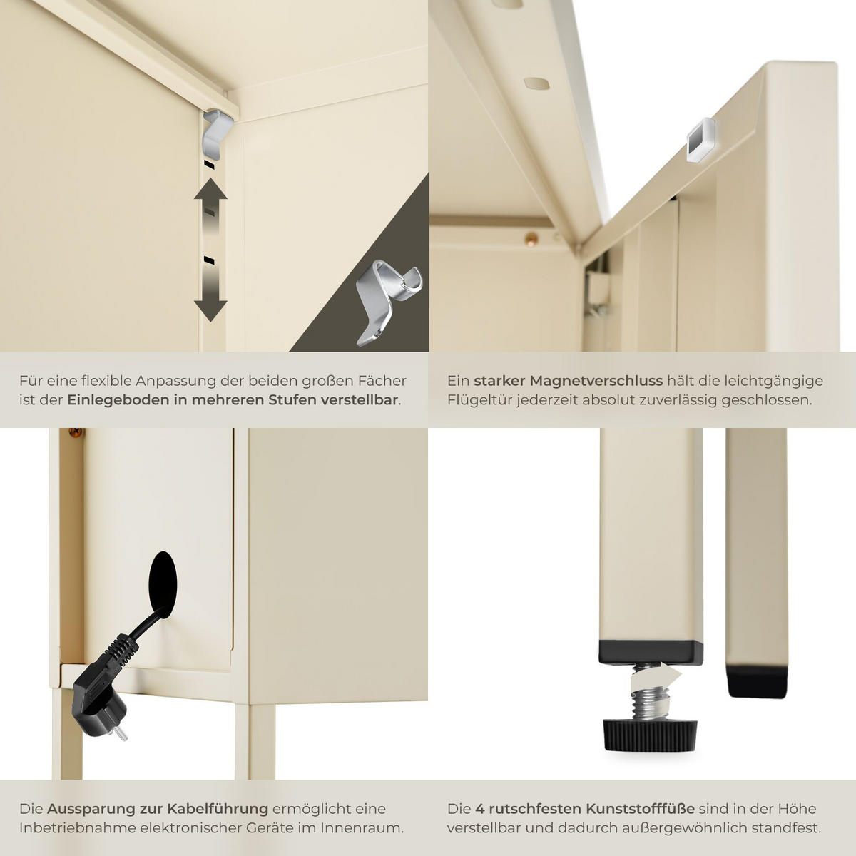 NACHTSCHRANK Baker, Kippschutz, höhenverstellbare Füße, creme - Creme, Metall (35/60.5/42.5cm) - tectake