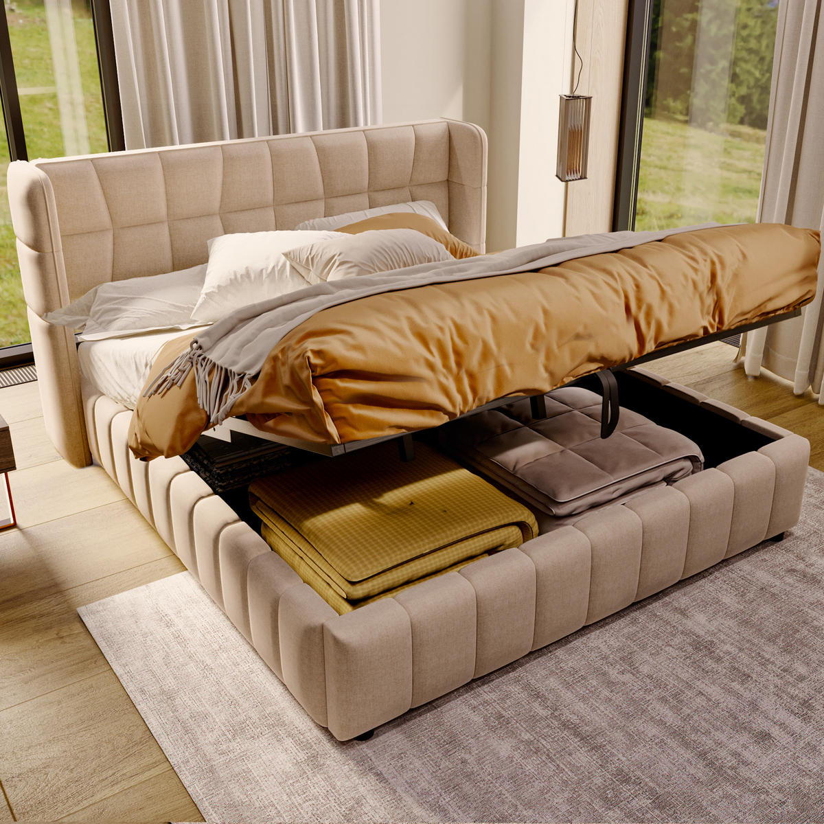 POLSTERBETT aus Stoff und Metall 180x200 cm Beige mit Stauraum und Hebemechanismus - Beige, Textil (180/200cm) - IVMEU