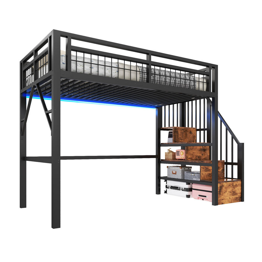 STILVORA HOCHBETT 90/200 cm in Schwarz mit LED und Treppe mit Stauraum