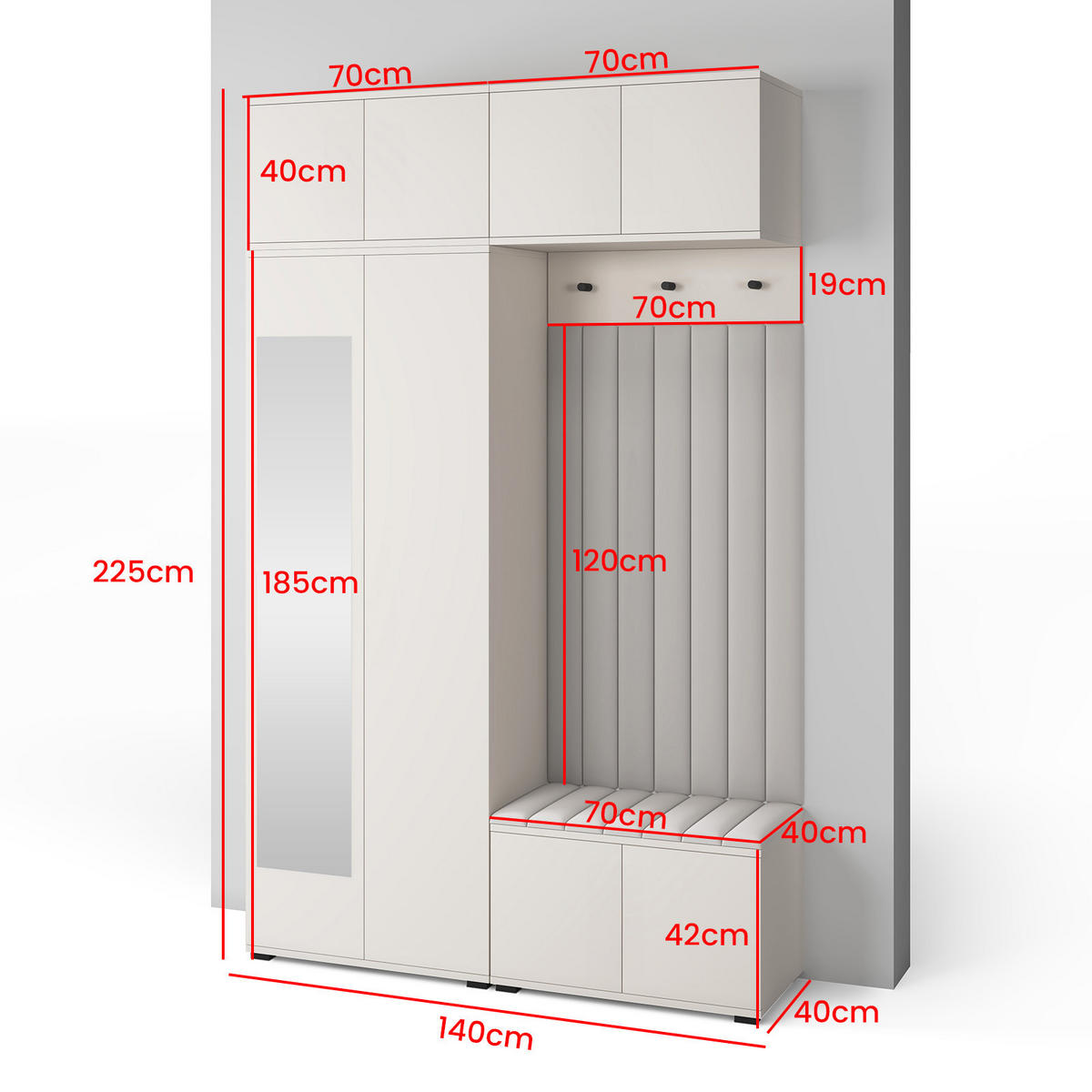 GARDEROBE Napoli version 11 mit Spiegel, mit POLSTERPANEELEN GRAU - Beige/Grau, Holzwerkstoff (140/225/40cm) - Jerpax