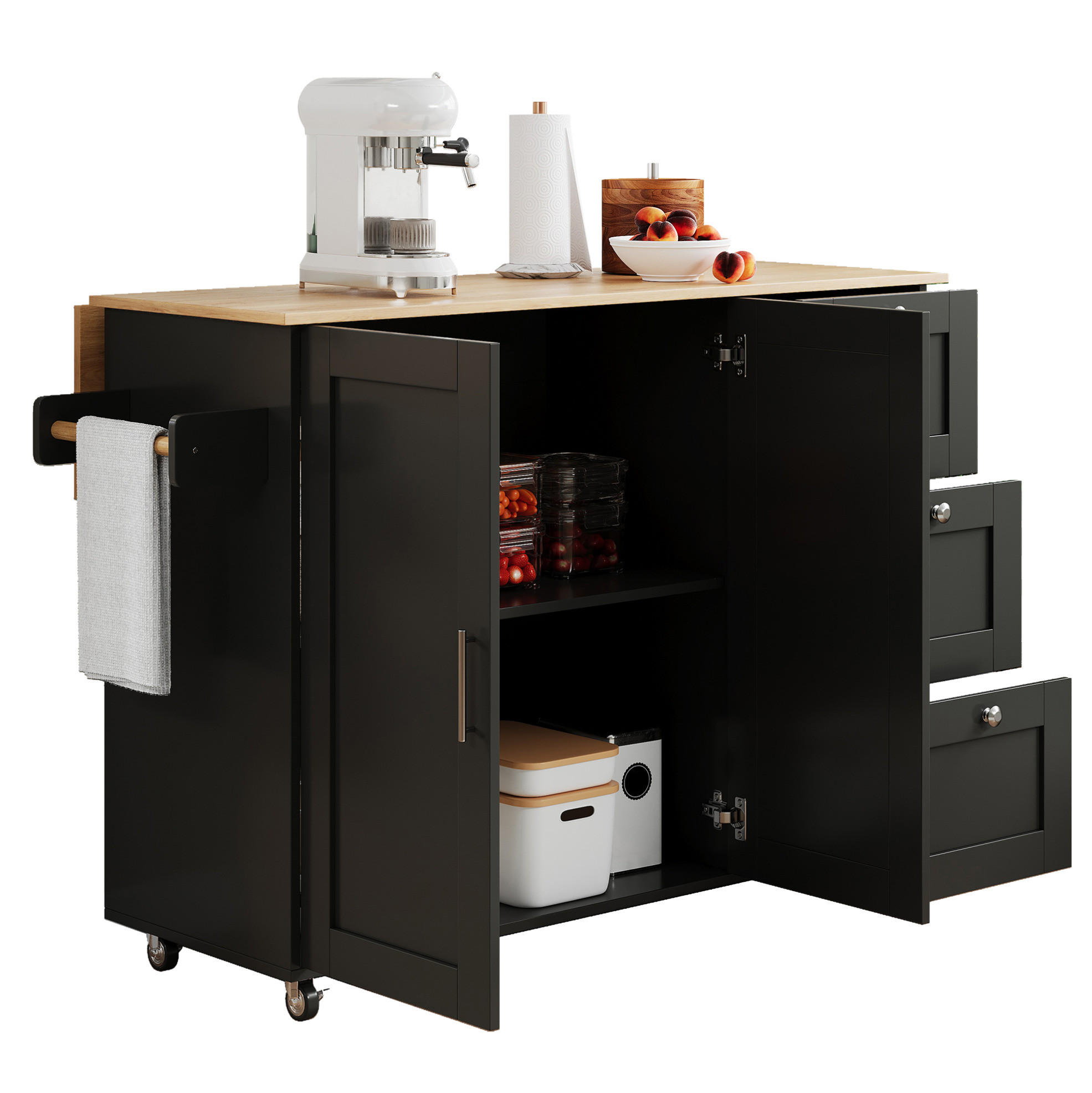 KÜCHENINSEL klappbar 135x70 cm MDF Black/Natural - Schwarz, Holz (44/90/135cm) - Beauniv