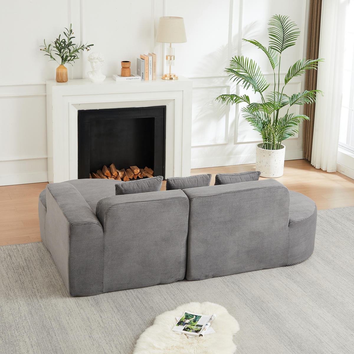 ECKSOFA 220/155/70 cm Grau Cord mit 3 Kissen, Rechte Seite - Grau, Textil (220/155cm) - Oxeza