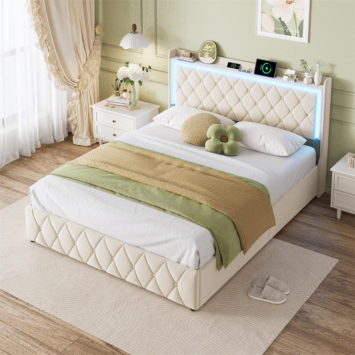 POLSTERBETT 140x200cm mit hydraulischem Stauraum - LED Beleuchtung & Ladefunktion - ohne Matratze - Beige - Beige, Textil (140/200cm) - DELFA