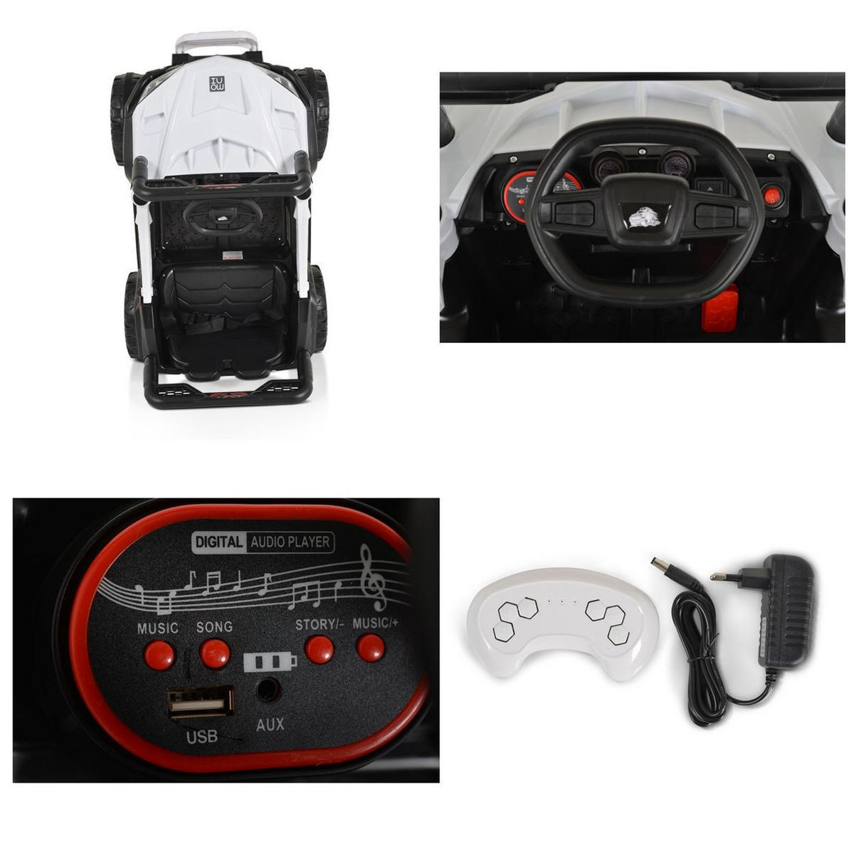 ELEKTROBUGGY UTV weiß Fernbedienung MP3 Gurt 2 Motoren Lichter - Schwarz, Kunststoff (102/61/64cm) - Moni