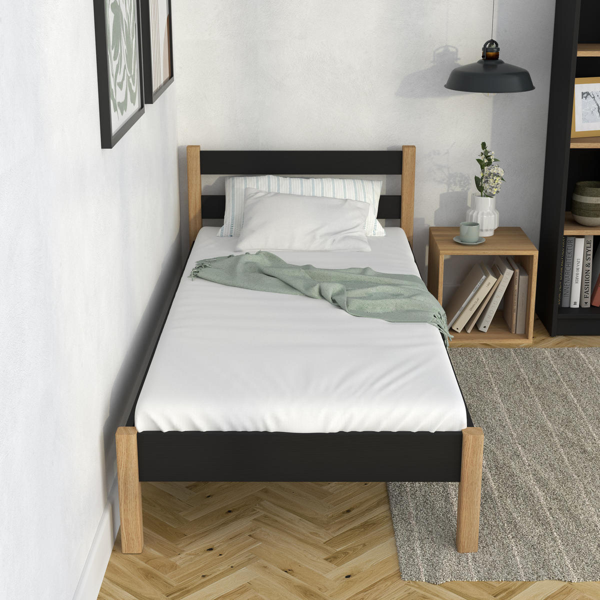 BETT N01 Schwarz / Eiche Natur 100/180 - Schwarz/Eiche Artisan, Naturmaterialien/Holz (100/180cm) - N-Wood