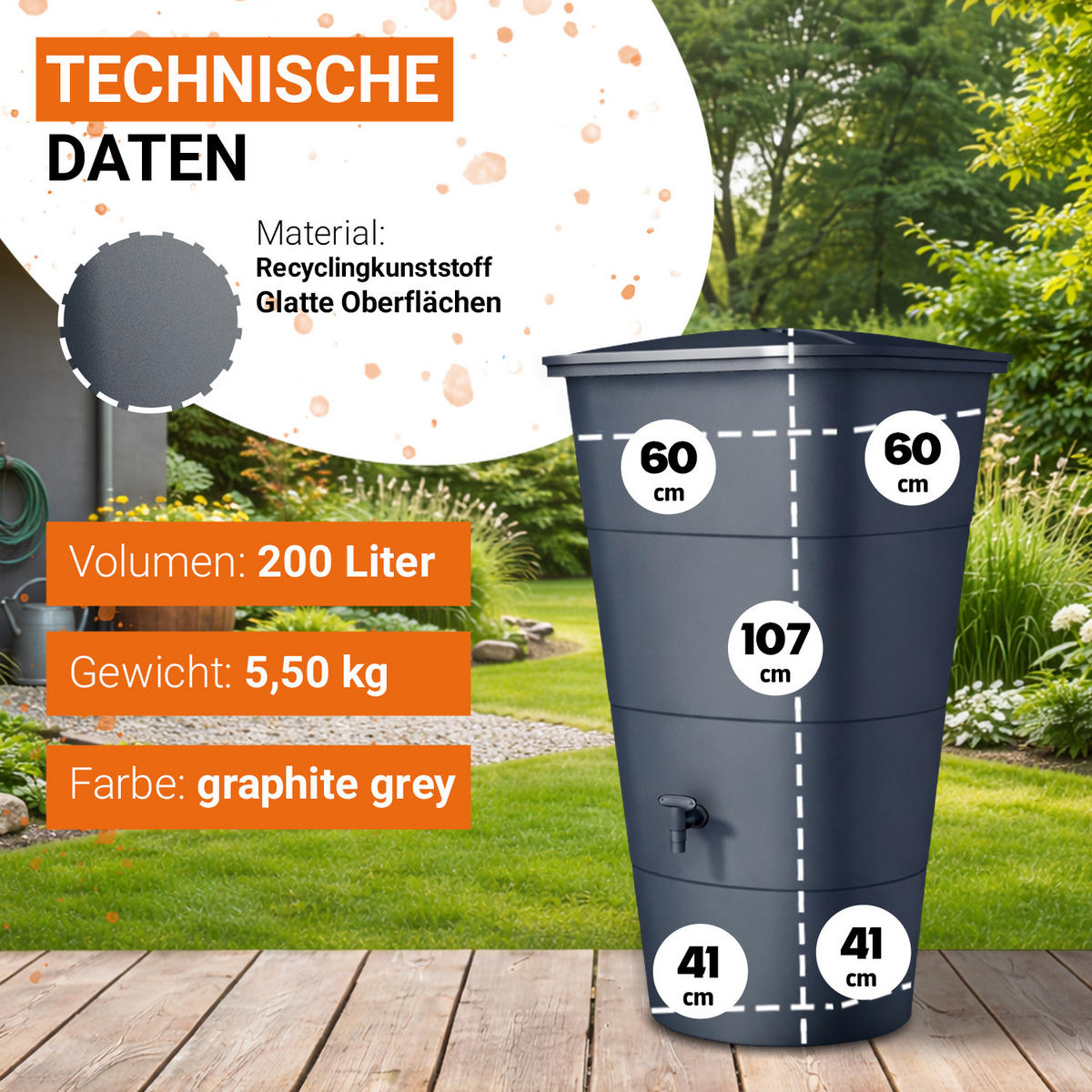 REGENTONNE eckig 200 L graphite grey inkl. Deckel und Hahn - Grau, Kunststoff (59.8/107/59.8cm) - GARANTIA