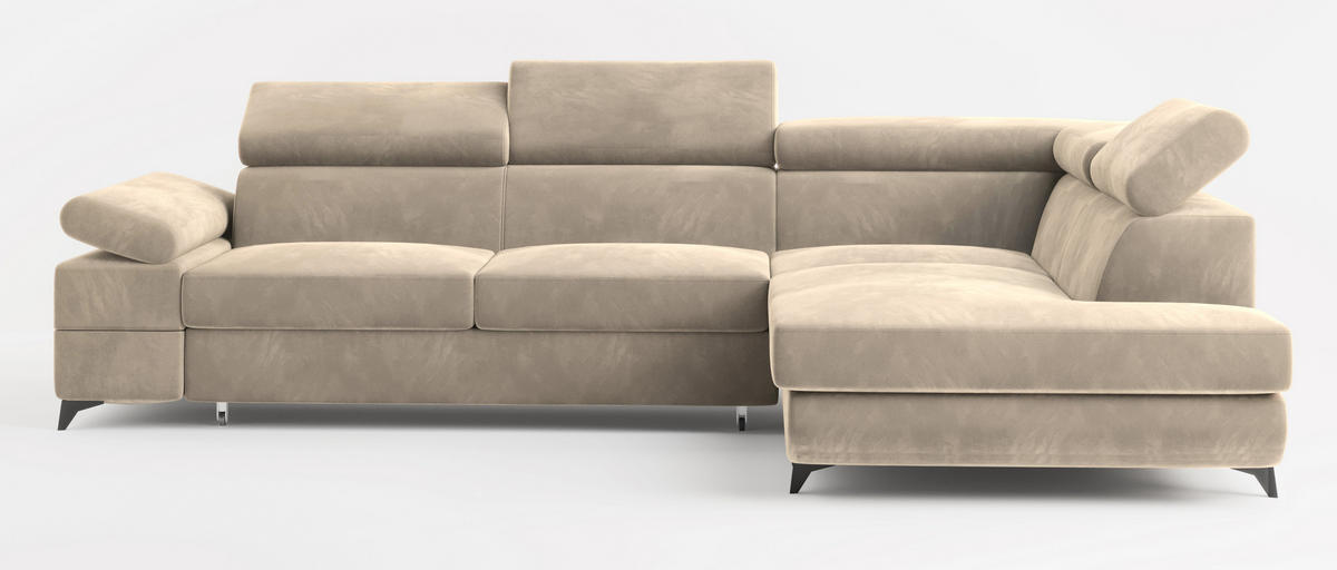 ECKSOFA FAVIEN R-S Creme Velours-Stoff mit Schlaffunktion - Creme, Holz (257/190cm) - MASSENO