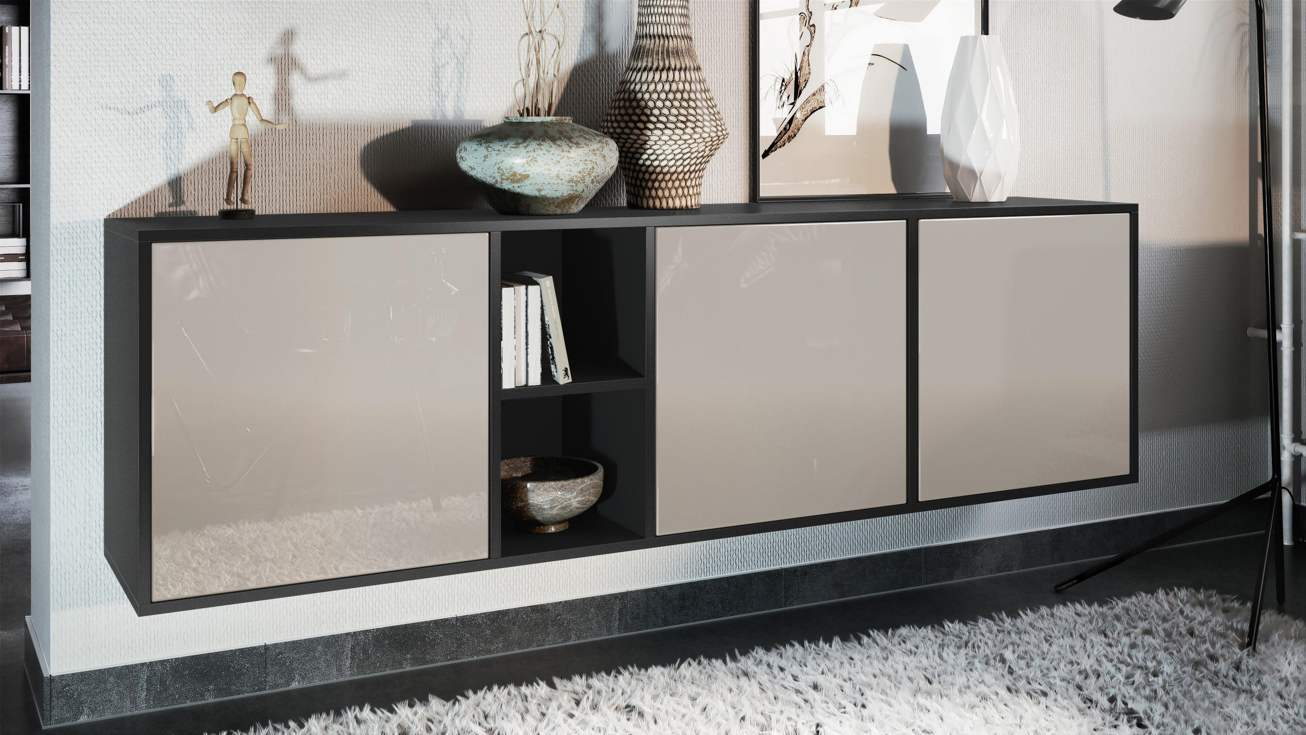 SIDEBOARD Cuba Türen in Sandgrau Hochglanz - Sandfarben, Holzwerkstoff (182/53/35cm) - Vladon