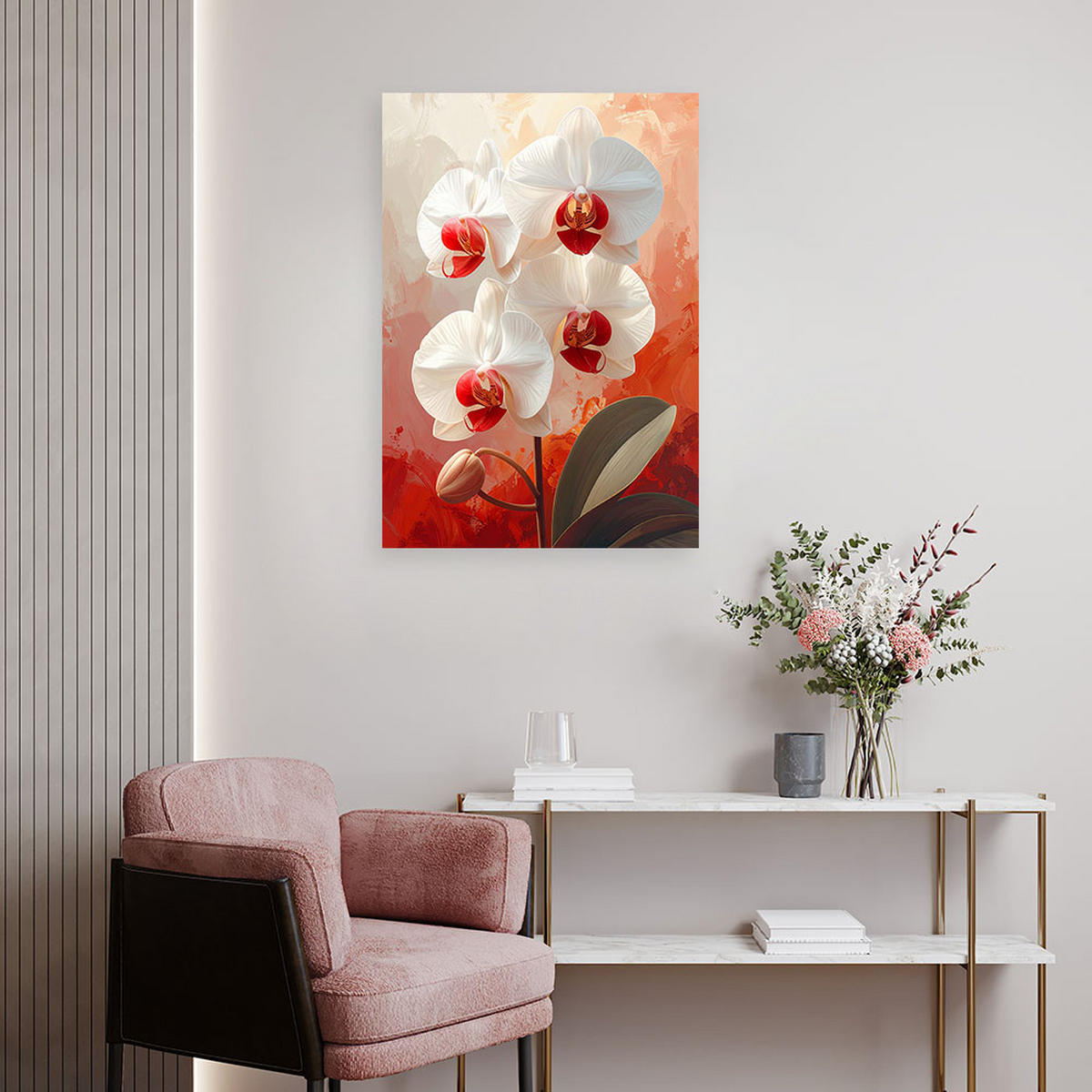 LEINWANDBILDER, Weiße Orchideen mit roten Zentren auf rotem Hintergrund - Rot, Textil (20/30cm) - Feeby