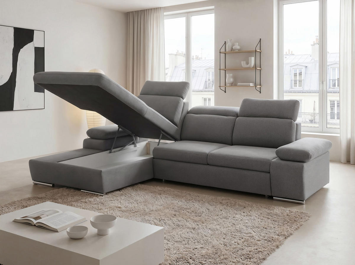 ECKSOFA PABLO mit Schlaffunktion und Bettkasten Grau - Grau, Holzwerkstoff/Kunststoff (250/90cm) - Idohome