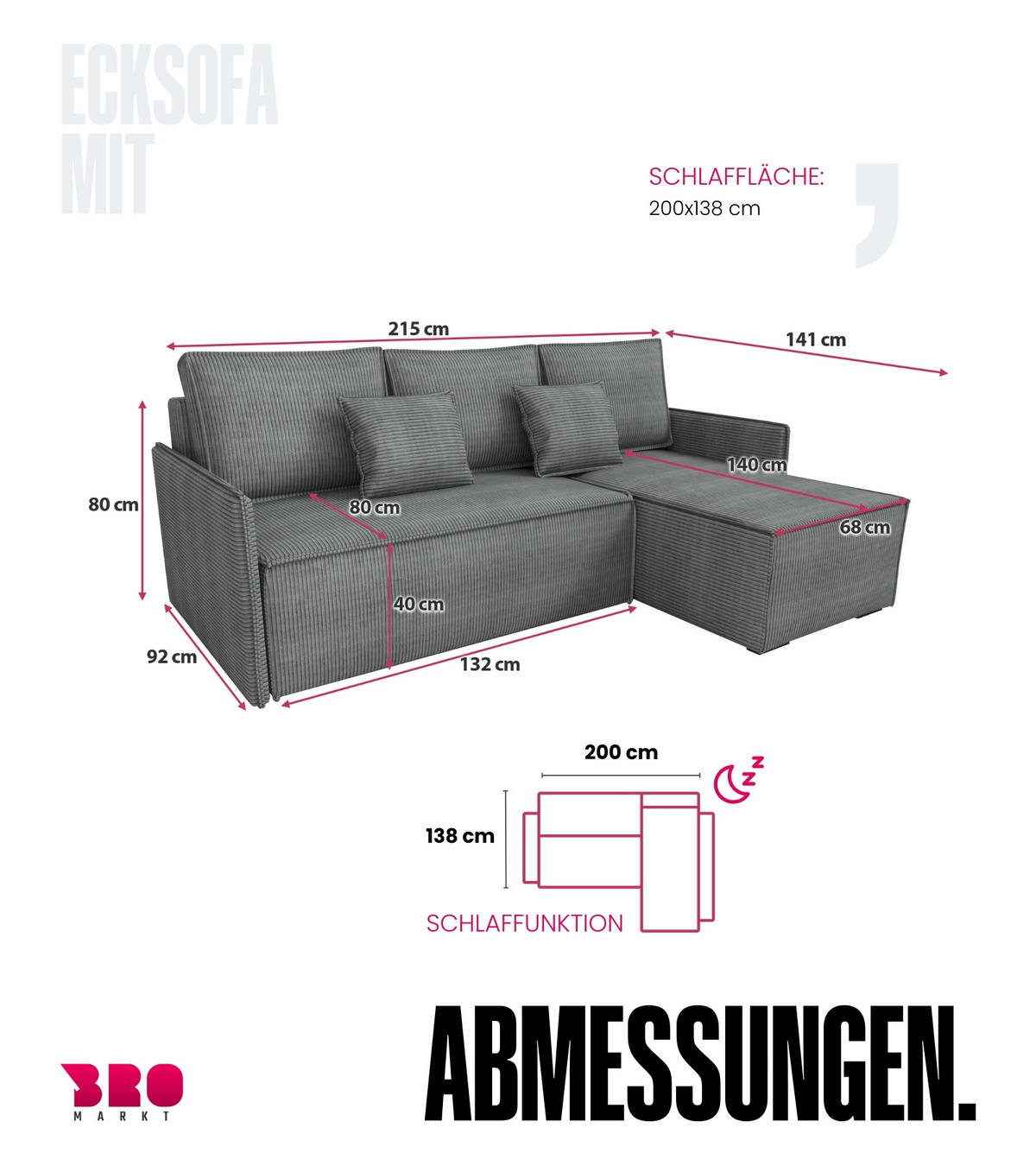 ECKSOFA Atlantic mit Schlaffunktion Grau Cord - Grau, Textil (238/141cm) - Bromarkt
