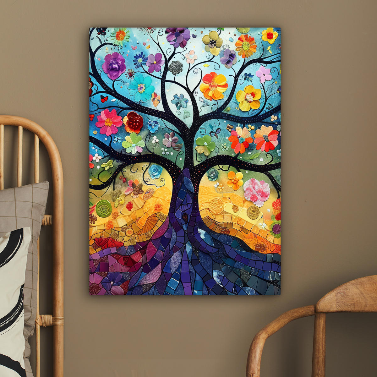 LEINWANDBILD Kunst - Baum des Lebens - Blumen - Hippie 60x80 cm - Dunkelblau, Textil (60/80cm) - MuchoWow