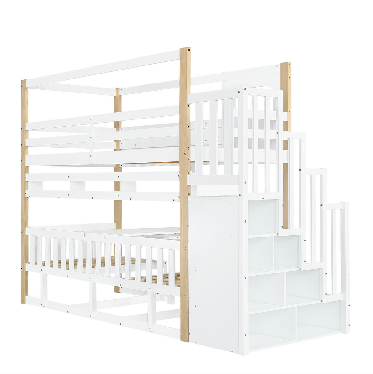 ETAGENBETT 90/200 cm, Weiß/Natur mit klappbarer Tischplatte und Stauraumtreppe - Weiß, Holz (90/200cm) - MIVRAY